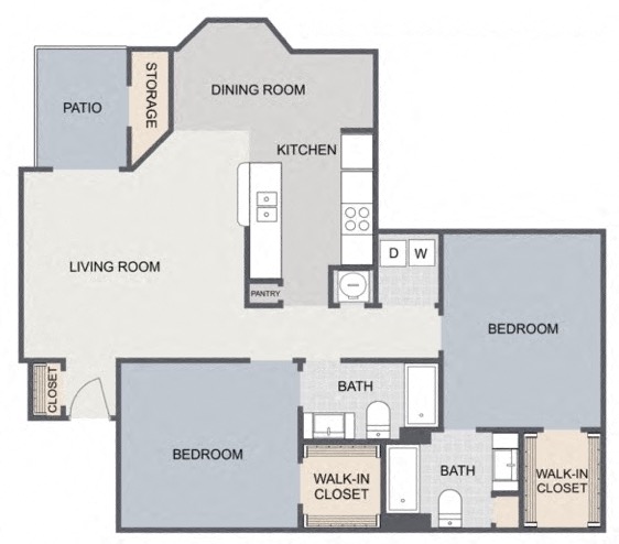 Floor plan for 2 beds, 2 baths, 1215 sqft